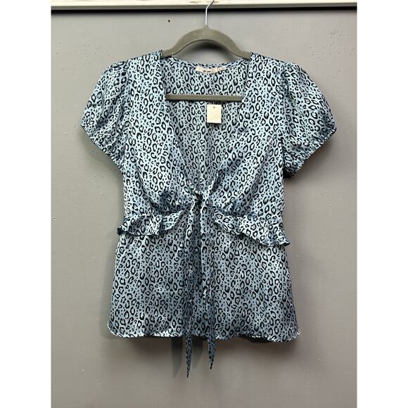 Mi Ami Blouse Womens Small Blue Leopard Print Short Sleeve Tie Front Ruffle Top - Picture 1 of 7
